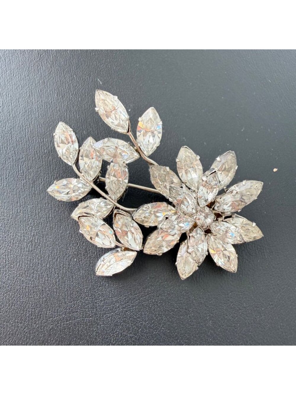 Vintage Signed Austria Brooch Pin Austrian Rhinestone Flower Leaf Silver Tone